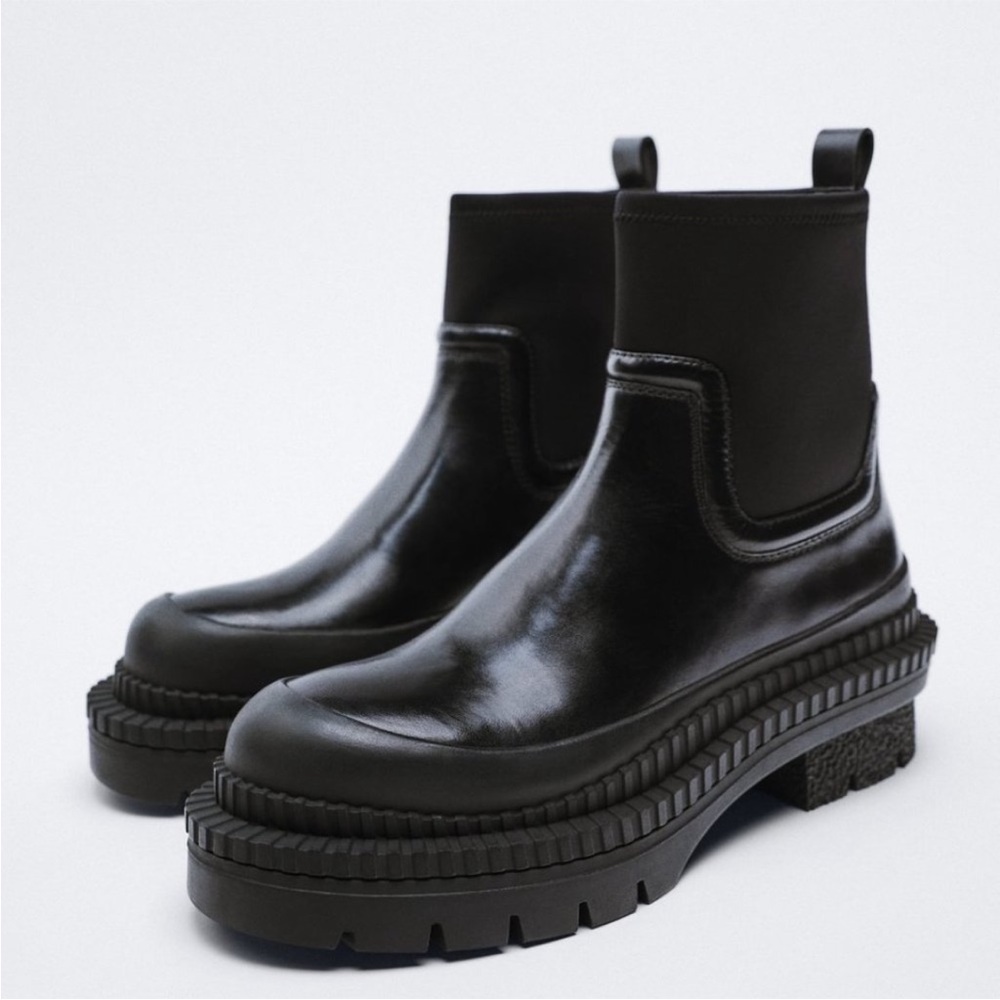Zara Black Chunky Combat / Moto Ankle Boots 38